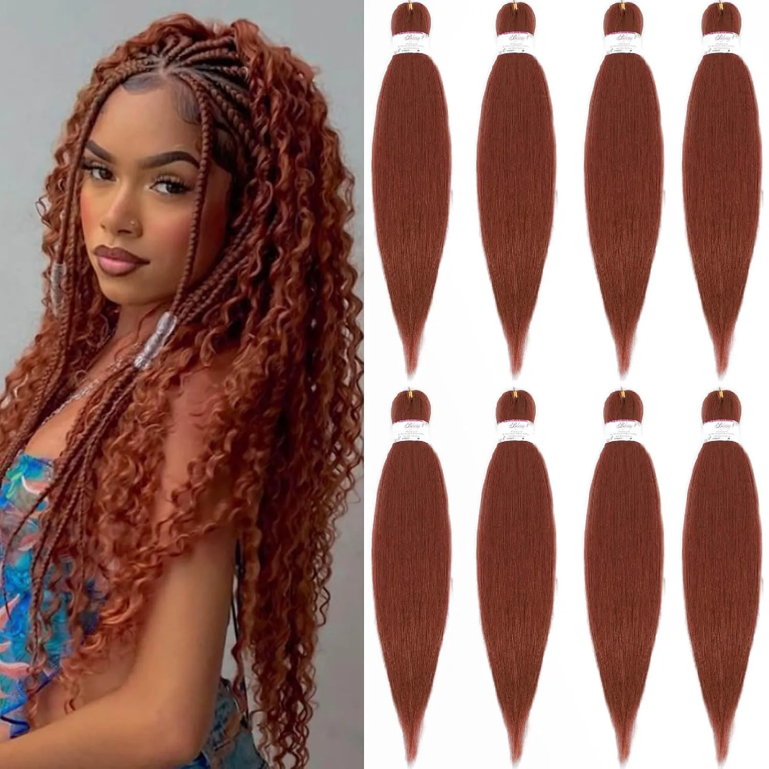 Braiding Hair, Pre Stretched Braiding Hair 20 Inch - 8 Packs Copper Prestretched Braiding Hair For Box Braids Crochet Hair,Professional Soft Knotless Braid Hair For Women,Itch Free (20",350#)
