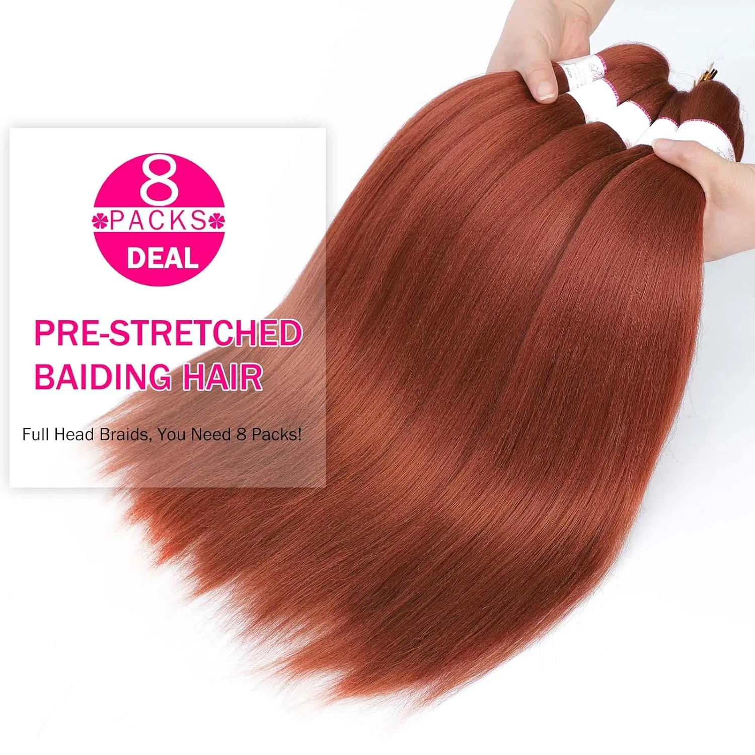 Braiding Hair, Pre Stretched Braiding Hair 20 Inch - 8 Packs Copper Prestretched Braiding Hair For Box Braids Crochet Hair,Professional Soft Knotless Braid Hair For Women,Itch Free (20",350#)