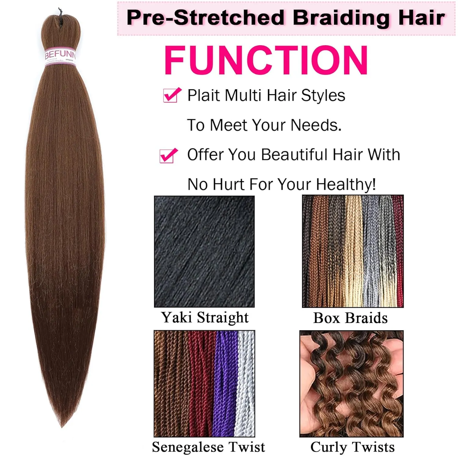 Braiding Hair,20 Inch 8 Packs 30# Pre Stretched Braiding Hair,Ombre Prestretched Hair For Black Women Human Hair,Professional Itch Free Yaki Synthetic Hair Extension(20in 8pcs,30#)