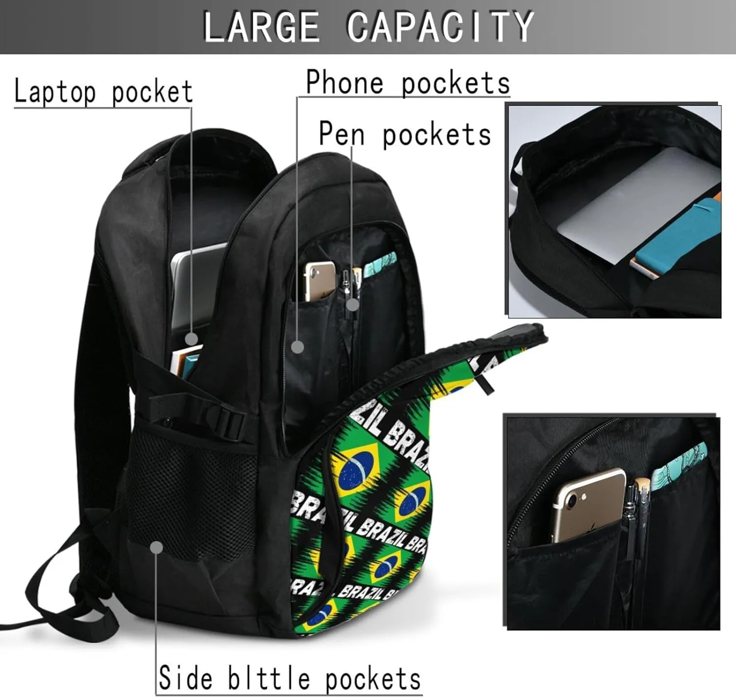 Brazil Flag Casual Travel Backpacks Hiking Camping Backpack Large Outdoor Sport Daypack Laptop Rucksack Climbing Working Bags with USB Port