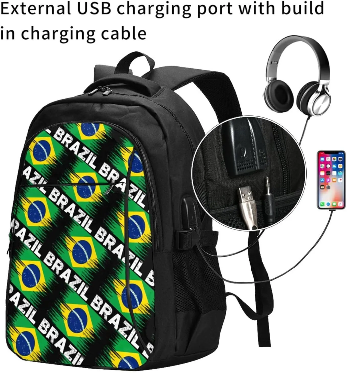 Brazil Flag Casual Travel Backpacks Hiking Camping Backpack Large Outdoor Sport Daypack Laptop Rucksack Climbing Working Bags with USB Port