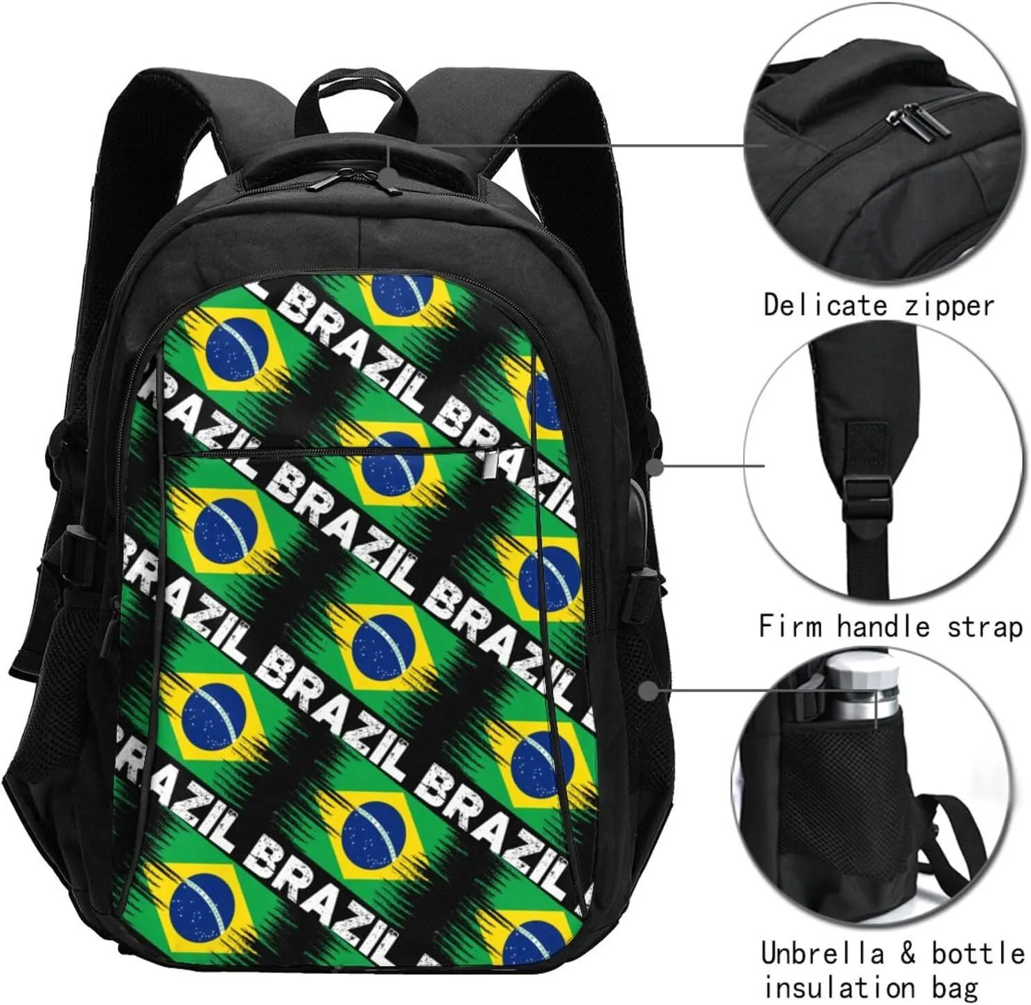 Brazil Flag Casual Travel Backpacks Hiking Camping Backpack Large Outdoor Sport Daypack Laptop Rucksack Climbing Working Bags with USB Port