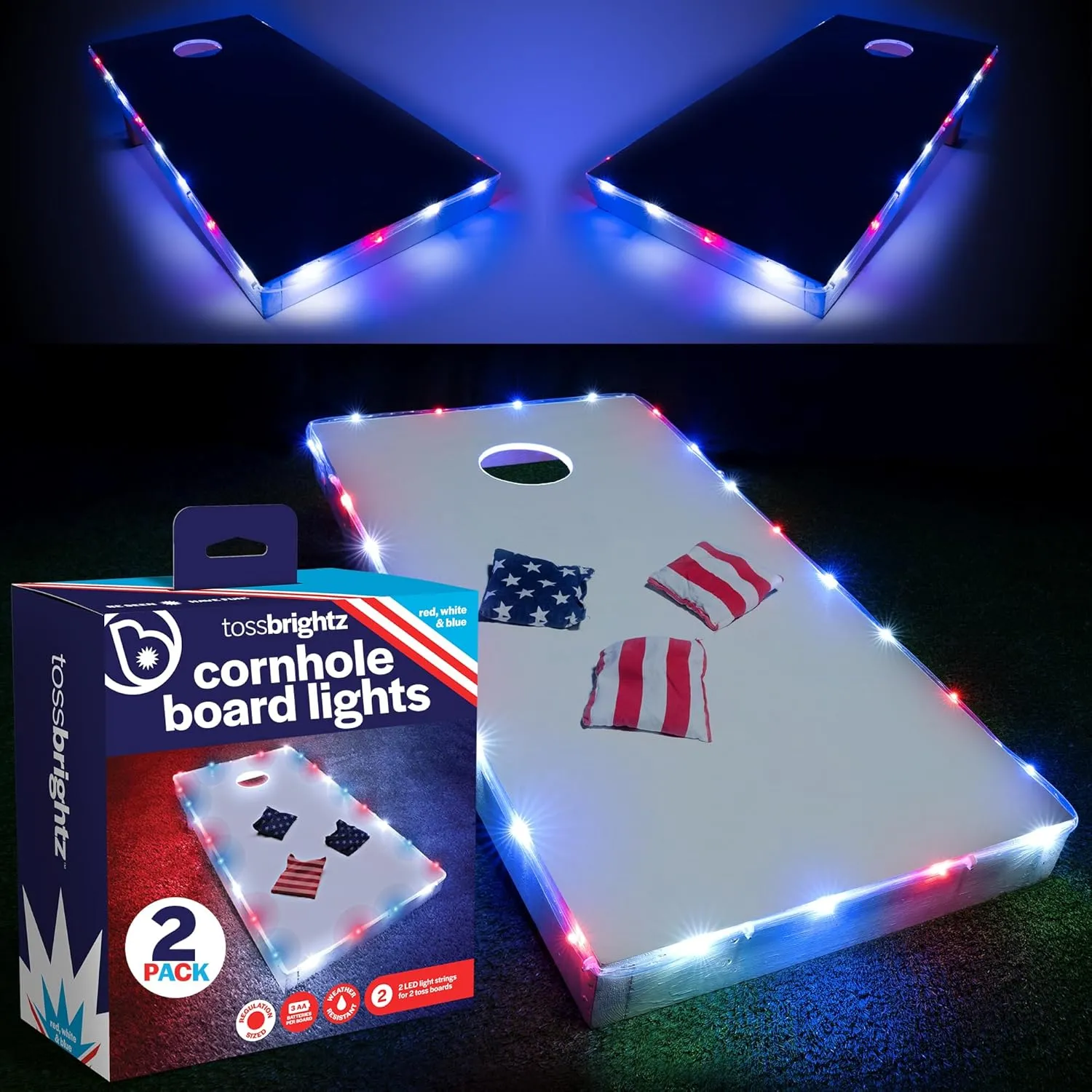 Brightz TossBrightz LED Cornhole Lights for Board and Hole - Includes Lights for 2 Boards - Lights Up Cornhole Board Edge and Hole - Keep The Game Going After Dark