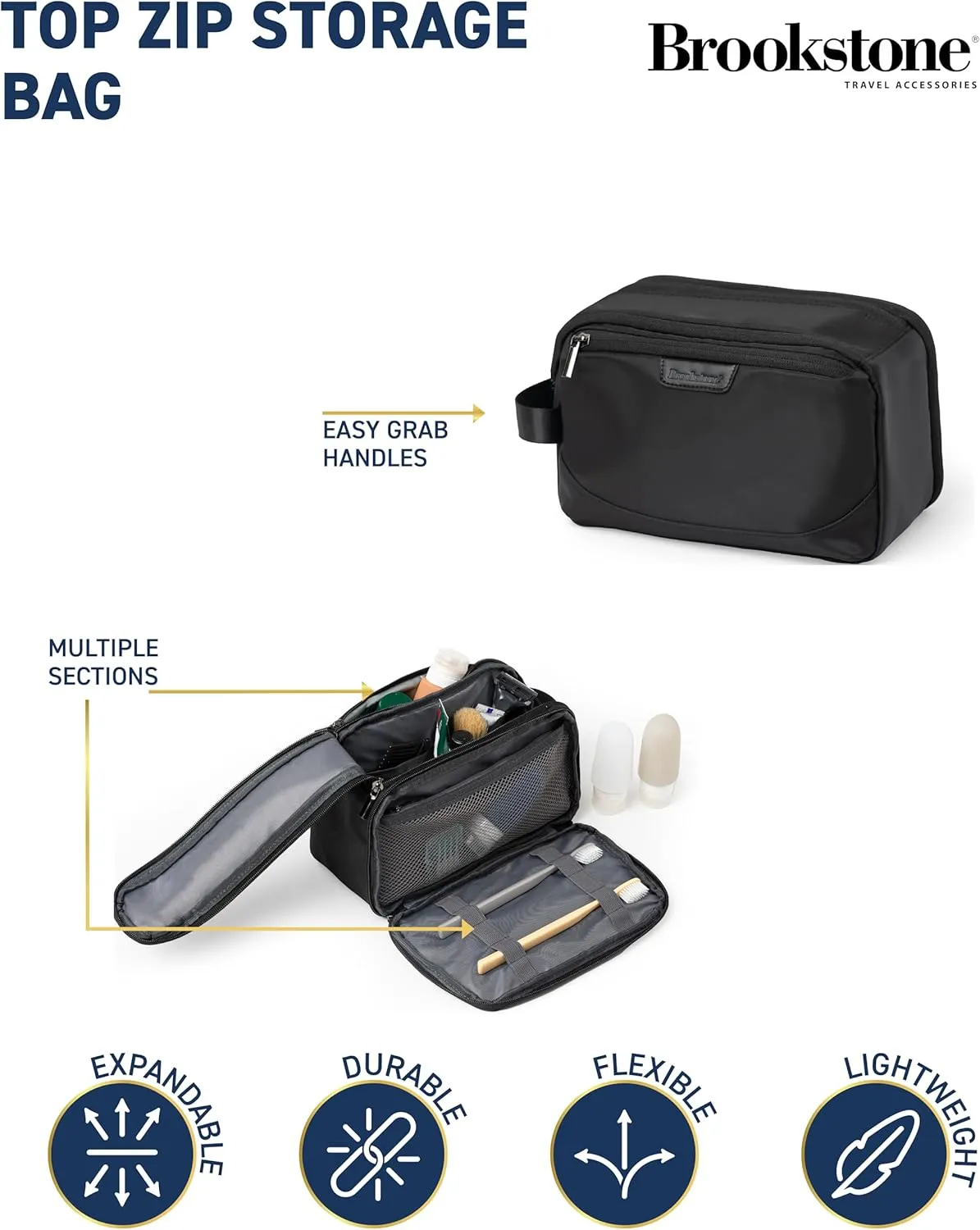 Brookstone Travel Toiletry Bag - Compact Cosmetic Organizer & Dopp Kit for Toiletries, Makeup, Grooming Essentials & Hygiene Kit, Top- Zip Black