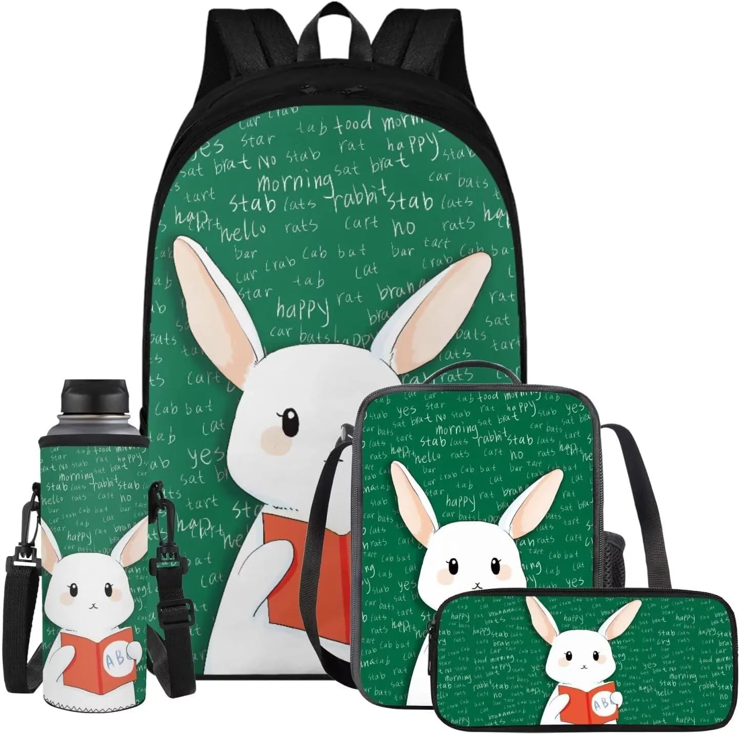 Bunny Teacher Backpack for School Girls 4-6 with Lunch Bag Kids Bookbag with Water Bottle Sleeve Pencil Case Animal Print School Bag 4th Grade Boy Book Bag Combo