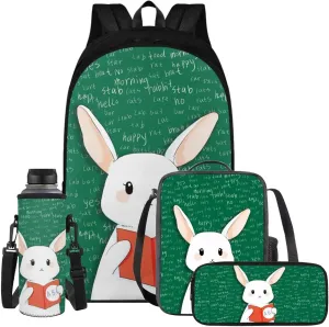 Bunny Teacher Backpack for School Girls 4-6 with Lunch Bag Kids Bookbag with Water Bottle Sleeve Pencil Case Animal Print School Bag 4th Grade Boy Book Bag Combo