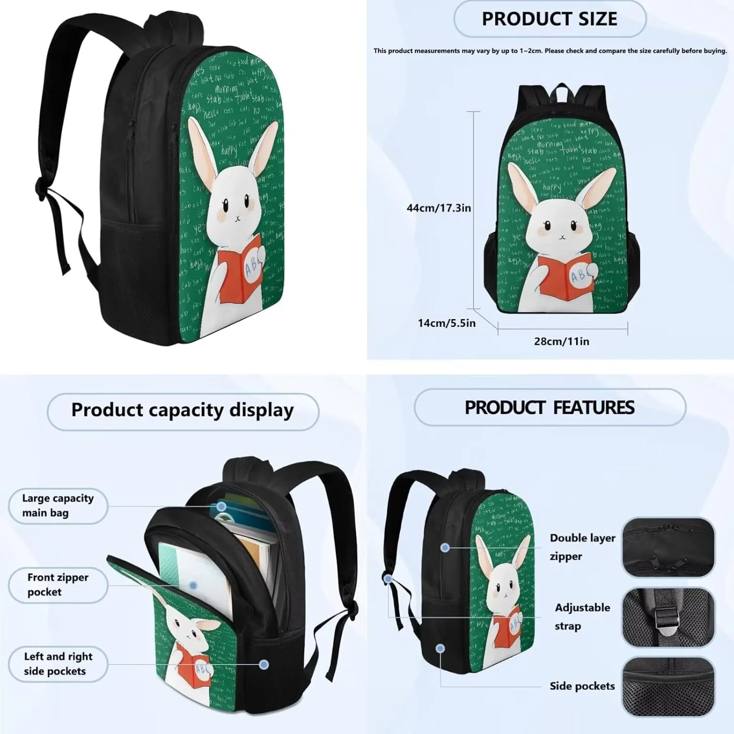 Bunny Teacher Backpack for School Girls 4-6 with Lunch Bag Kids Bookbag with Water Bottle Sleeve Pencil Case Animal Print School Bag 4th Grade Boy Book Bag Combo