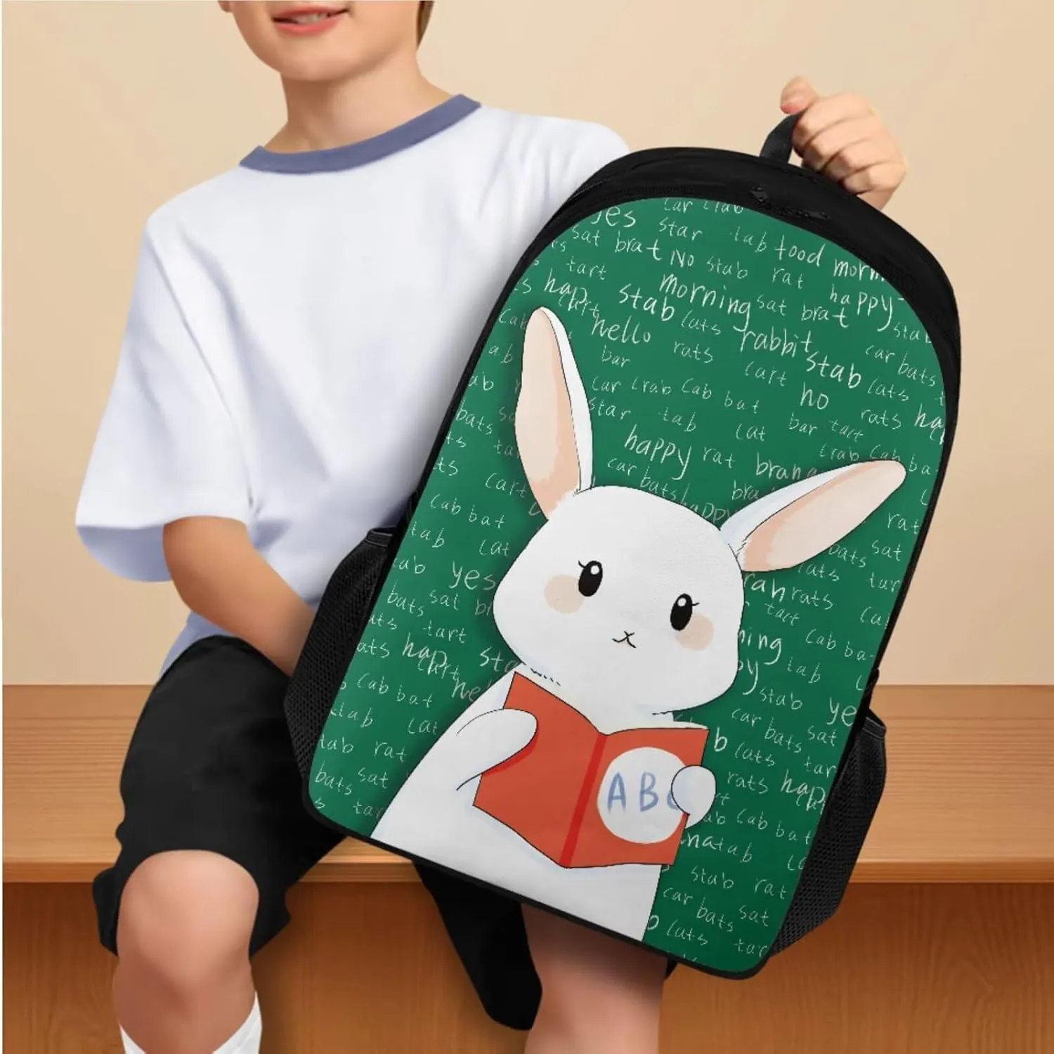 Bunny Teacher Backpack for School Girls 4-6 with Lunch Bag Kids Bookbag with Water Bottle Sleeve Pencil Case Animal Print School Bag 4th Grade Boy Book Bag Combo