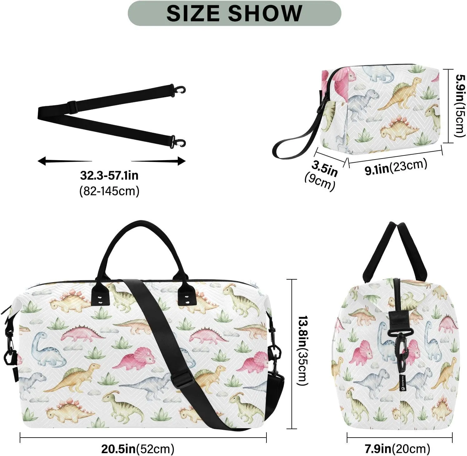 Burbuja Travel Duffel Bag for Women, Cute Dinosaur Weekender Overnight Bag Shoulder Carry On Tote Bag with Trolley Sleeve, Gym Bag with Toiletry Bag, Large Size