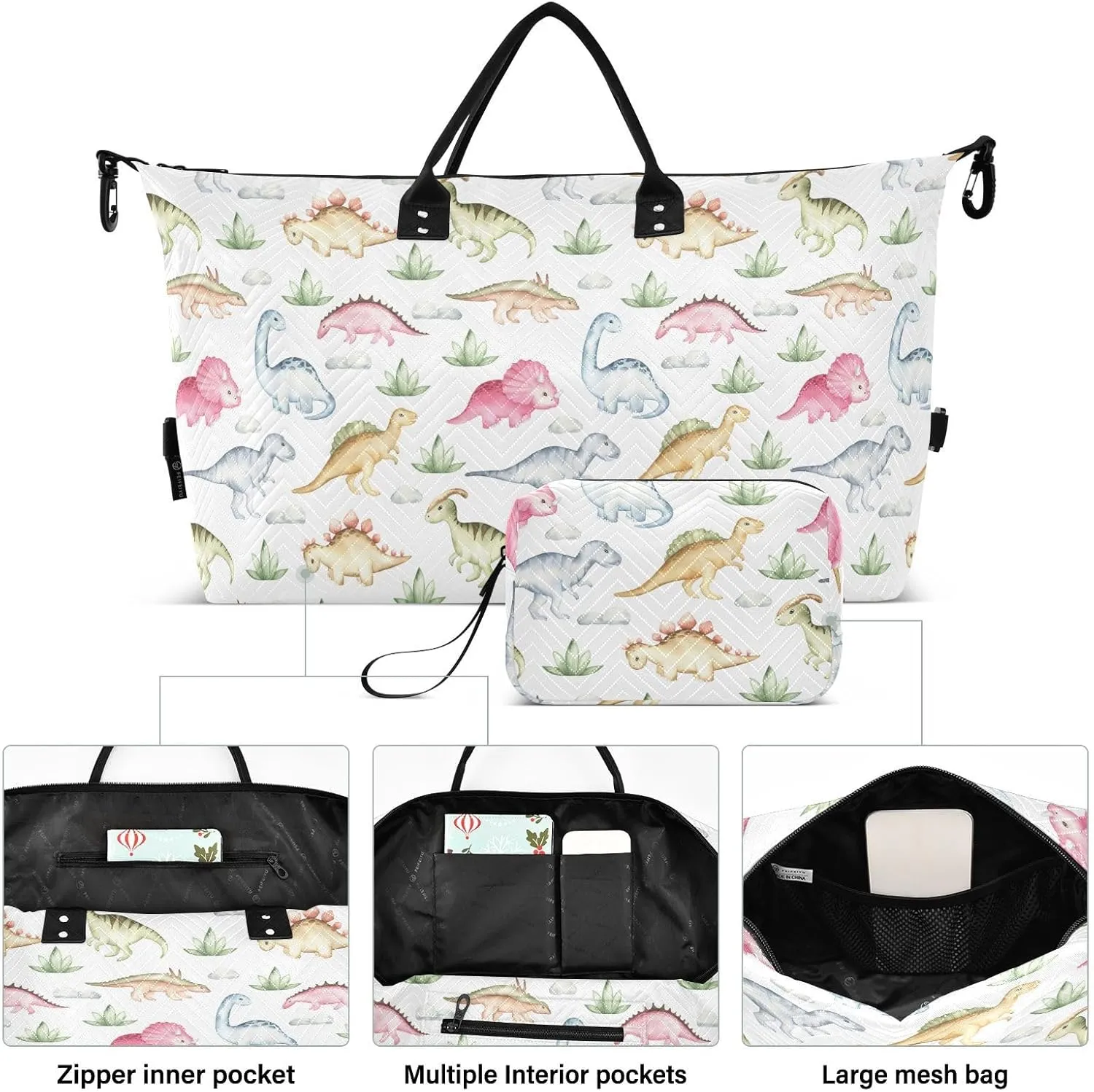 Burbuja Travel Duffel Bag for Women, Cute Dinosaur Weekender Overnight Bag Shoulder Carry On Tote Bag with Trolley Sleeve, Gym Bag with Toiletry Bag, Large Size