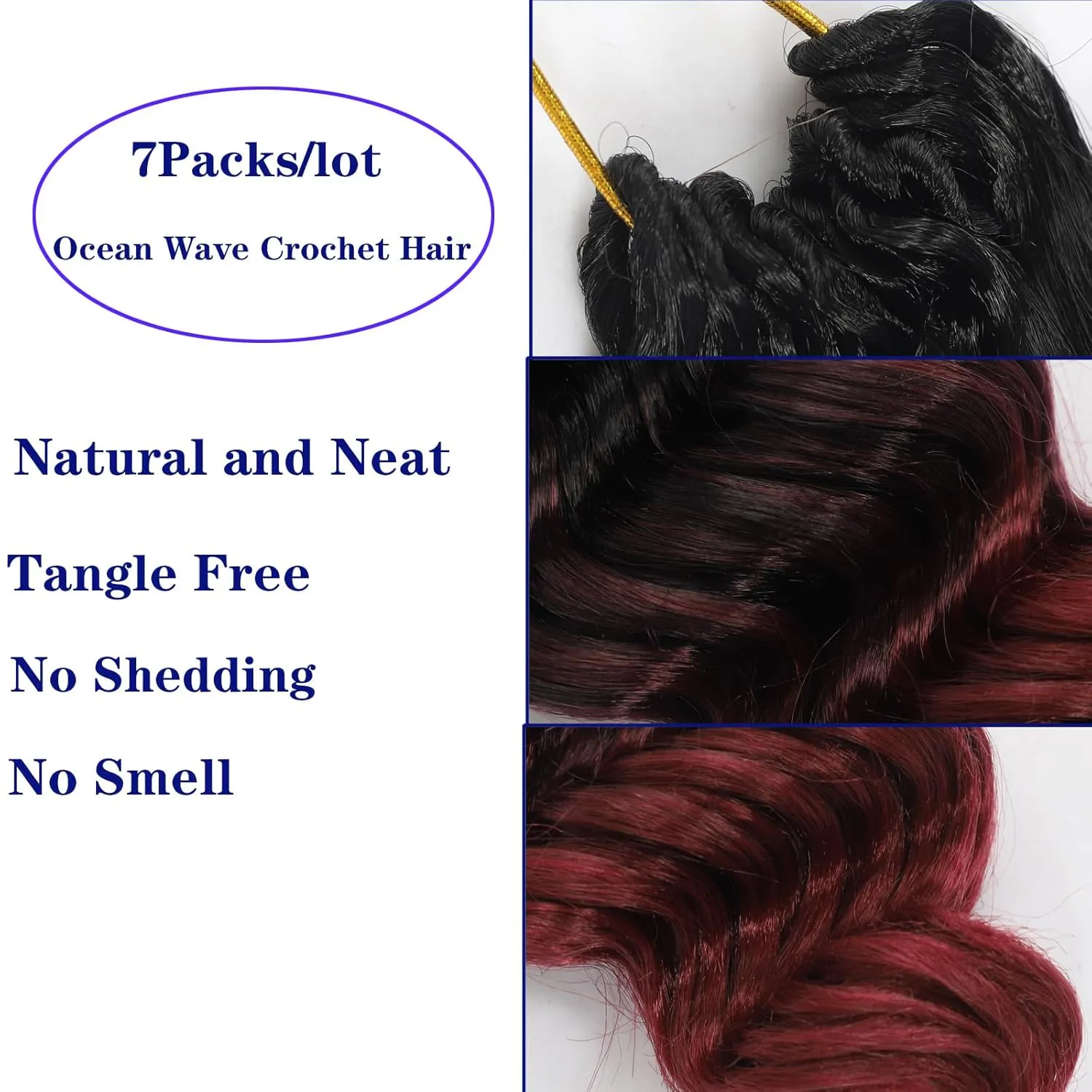 Burgundy Ombre Ocean Wave Crochet Hair Pre Looped 9 Inch Natural Curly Braiding Ocean Wave Hair 7 Packs 3 Tone Deep Wave Short Wavy Crochet Braids for Women