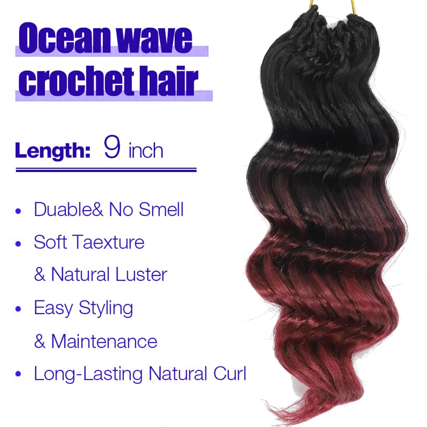 Burgundy Ombre Ocean Wave Crochet Hair Pre Looped 9 Inch Natural Curly Braiding Ocean Wave Hair 7 Packs 3 Tone Deep Wave Short Wavy Crochet Braids for Women