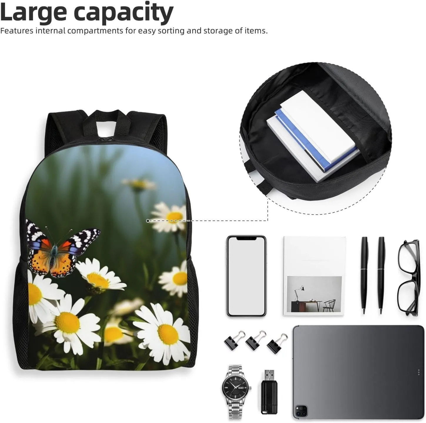 Butterflies Daisy Flower Backpack Waterproof Large Capacity Travel Laptop Backpack Casual Daypack For Men Women