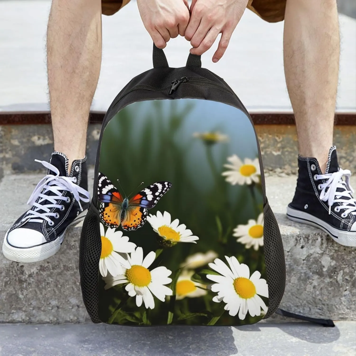 Butterflies Daisy Flower Backpack Waterproof Large Capacity Travel Laptop Backpack Casual Daypack For Men Women