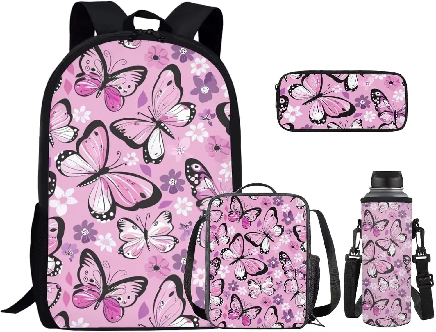 Butterfly Big Kids Backpack and Lunch Box Set Primary Boys Backpacks School Bag with Water Bottle Holder Bookbags for Kindergarten Elementary Middle High School Birthday Gifts