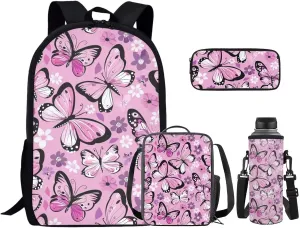 Butterfly Big Kids Backpack and Lunch Box Set Primary Boys Backpacks School Bag with Water Bottle Holder Bookbags for Kindergarten Elementary Middle High School Birthday Gifts