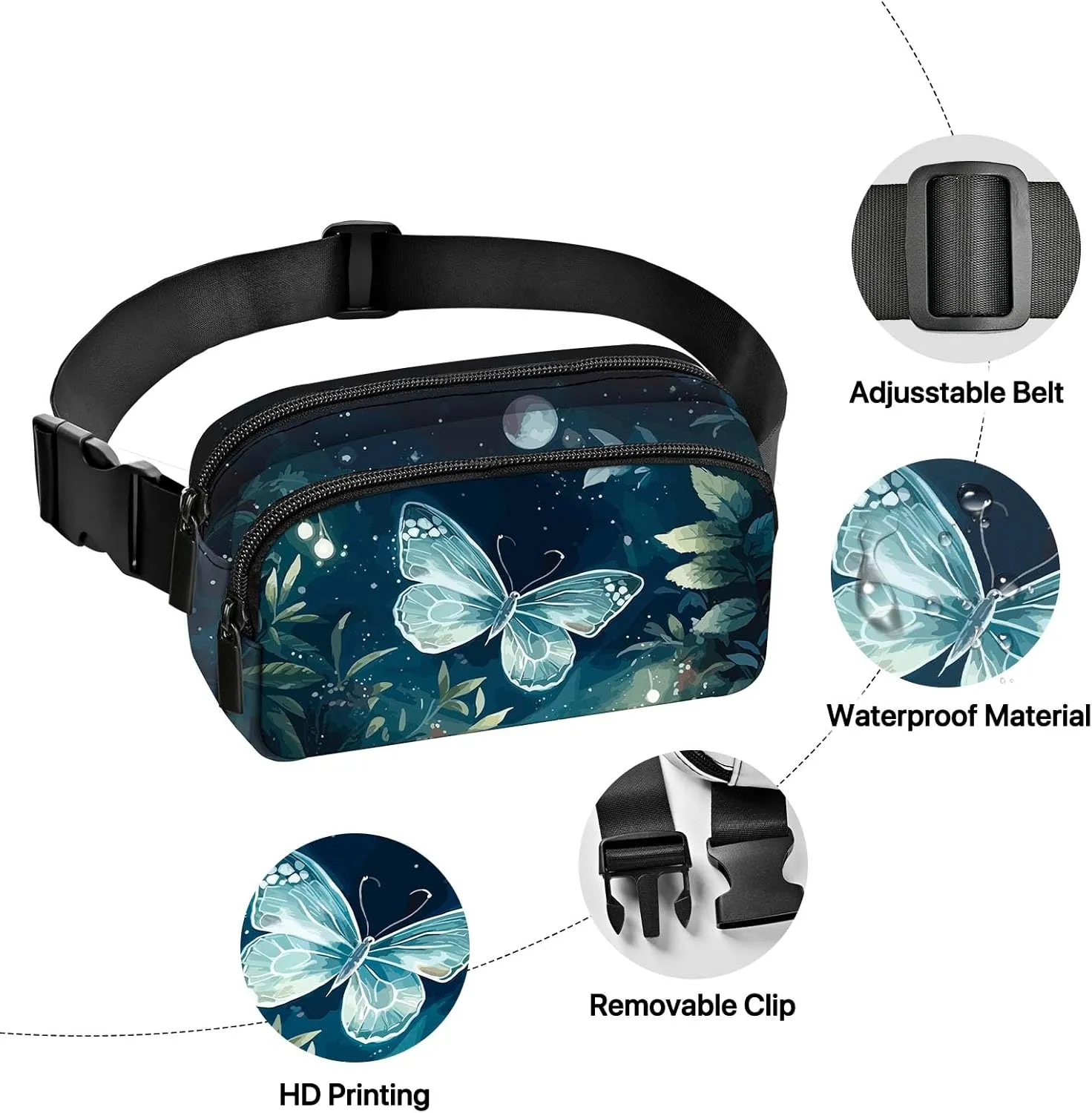 Butterfly Fanny Pack for Women Belt Bag Fashion Waist Pouch with Adjustable Strap for Sports Running Traveling Hiking Camping Cycling