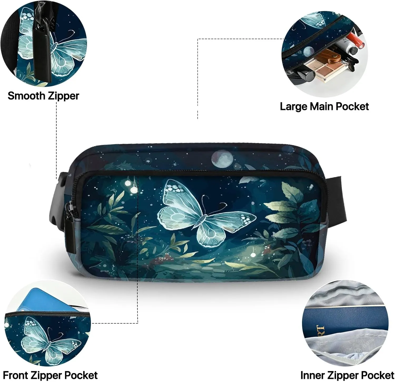 Butterfly Fanny Pack for Women Belt Bag Fashion Waist Pouch with Adjustable Strap for Sports Running Traveling Hiking Camping Cycling