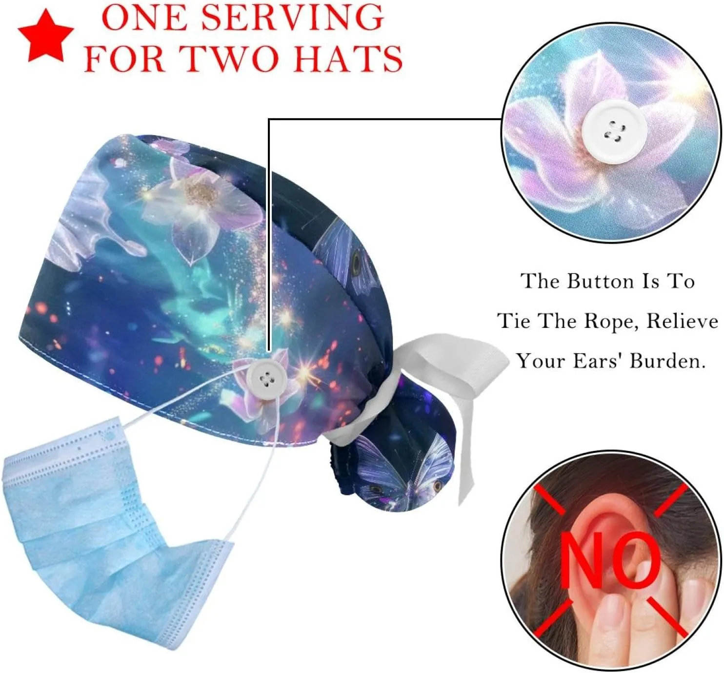 Butterfly Flower Pattern 2 Packs Scrub Cap Women, Adjustable Working Caps with Buttons, Stretchy Band Tie Back Hat