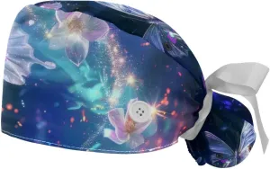Butterfly Flower Pattern 2 Packs Scrub Cap Women, Adjustable Working Caps with Buttons, Stretchy Band Tie Back Hat