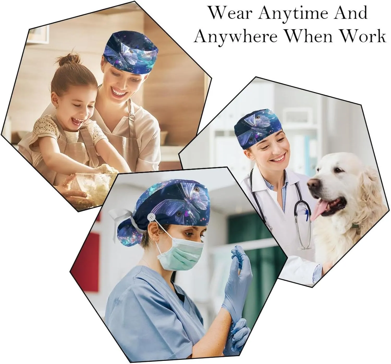 Butterfly Flower Pattern 2 Packs Scrub Cap Women, Adjustable Working Caps with Buttons, Stretchy Band Tie Back Hat
