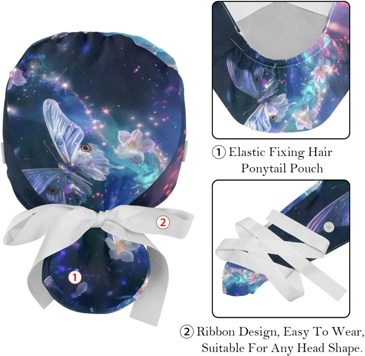 Butterfly Flower Pattern 2 Packs Scrub Cap Women, Adjustable Working Caps with Buttons, Stretchy Band Tie Back Hat