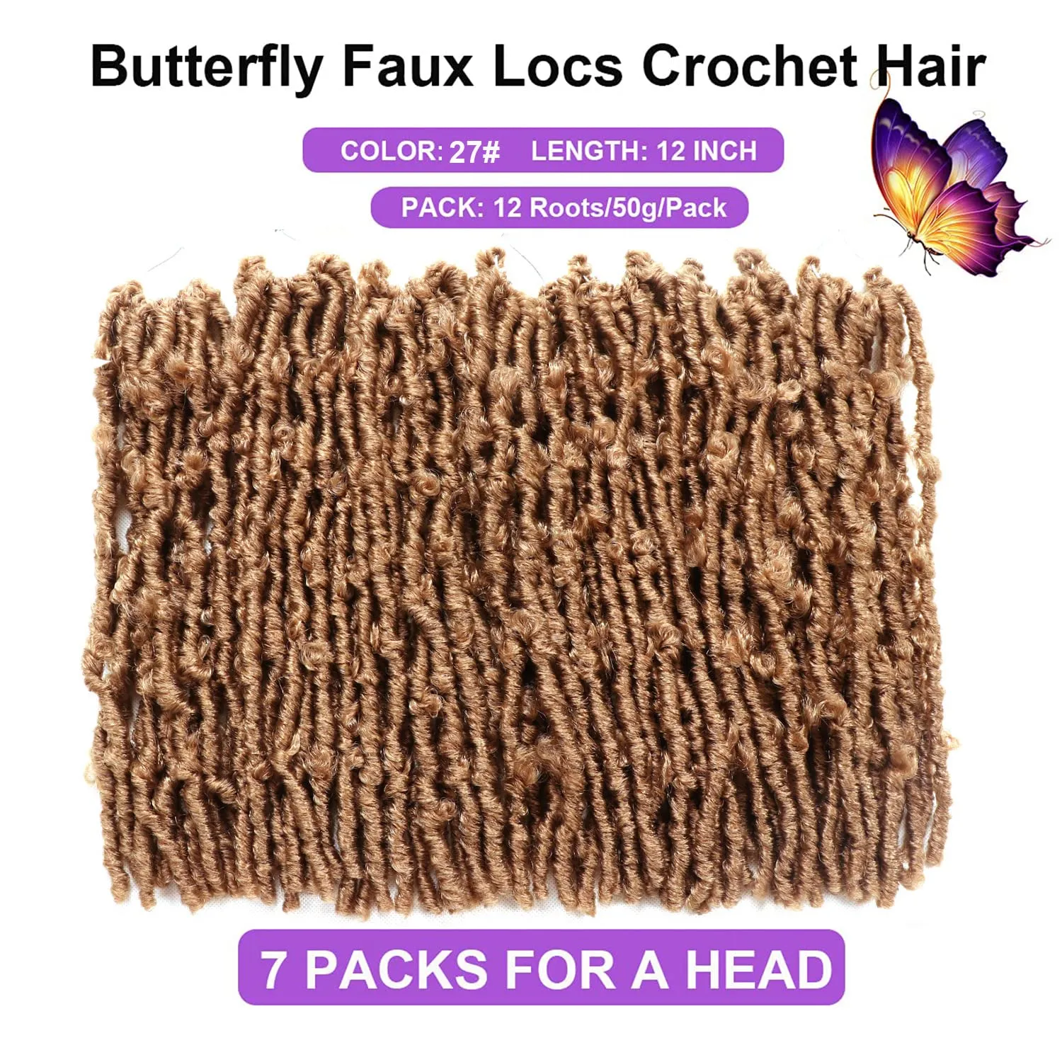 Butterfly Locs Crochet Hair 7 Packs 12 Inch Lightweight Pre Looped Soft Faux Locs for Black Women (12 Inch 7 Packs, 27#)