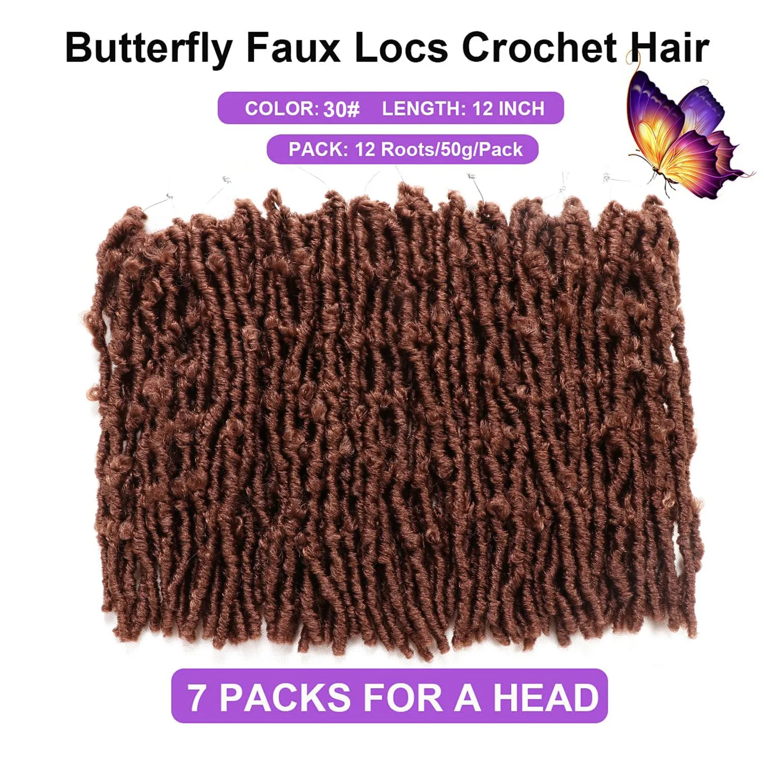 Butterfly Locs Crochet Hair 7 Packs 12 Inch Lightweight Pre Looped Soft Faux Locs for Black Women (12 Inch 7 packs, 30#)