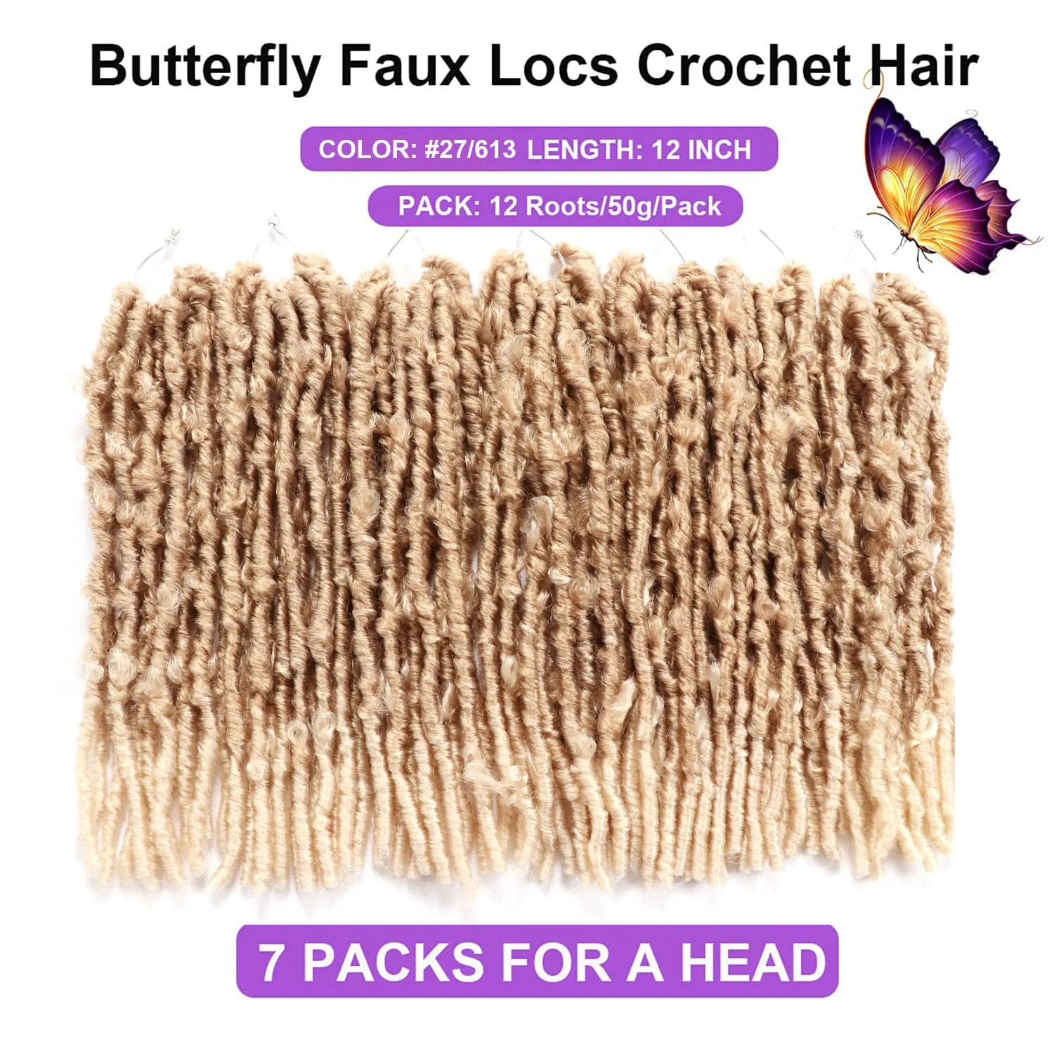 Butterfly Locs Crochet Hair 7 Packs 12 Inch Lightweight Pre Looped Soft Faux Locs for Black Women (12 Inch(Pack of 7), 27#/613#)