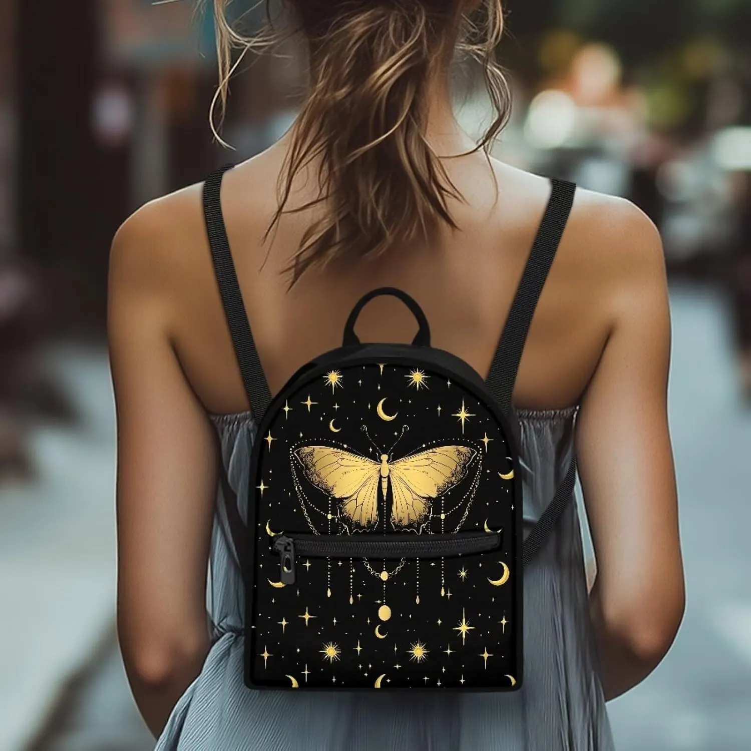 Butterfly Moon Sun Mini Backpack Purse for Women ＆ Men Small Cute Backpacks Purse Waterproof and Lightweight Mini Backpack Small Backpack Purse with Handle