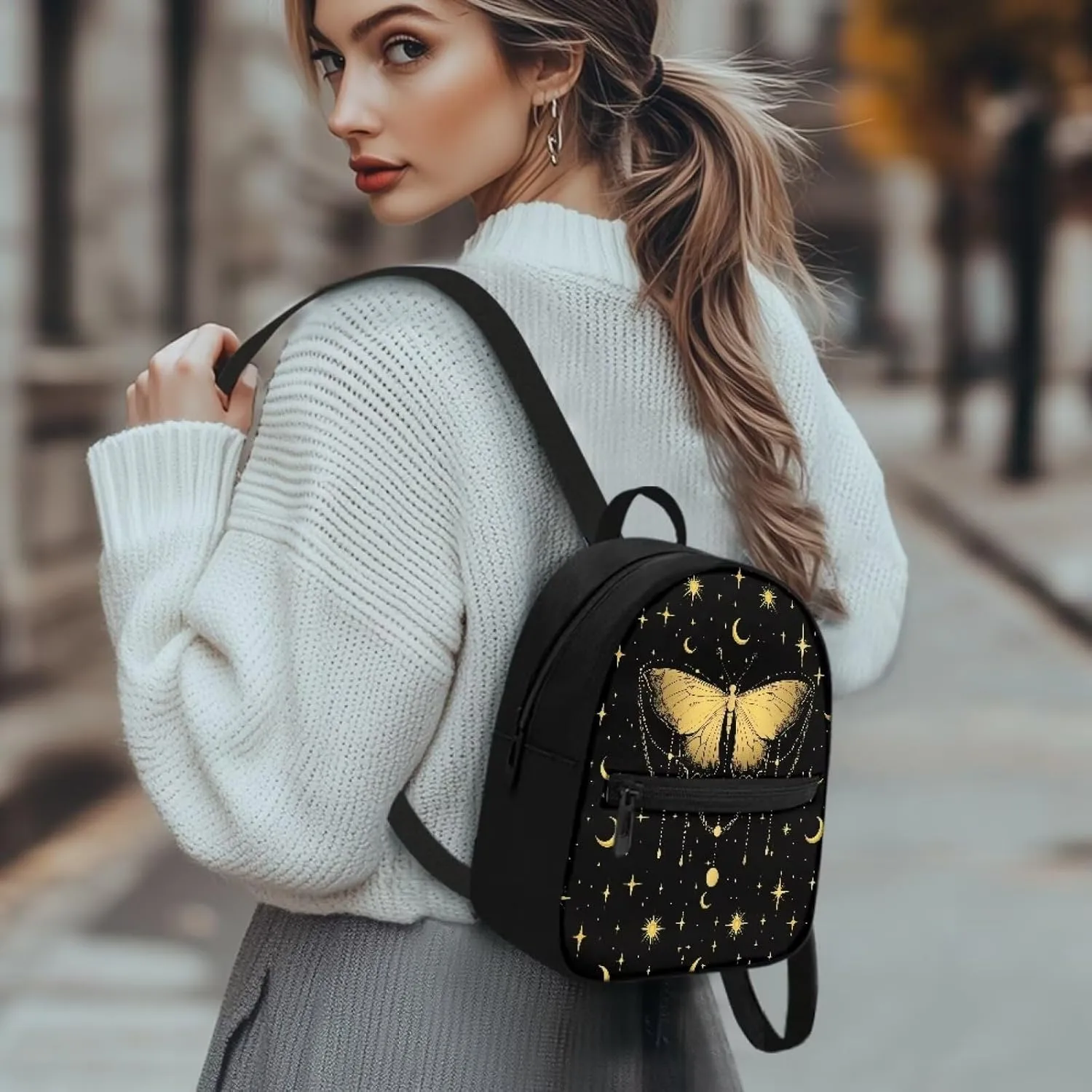 Butterfly Moon Sun Mini Backpack Purse for Women ＆ Men Small Cute Backpacks Purse Waterproof and Lightweight Mini Backpack Small Backpack Purse with Handle