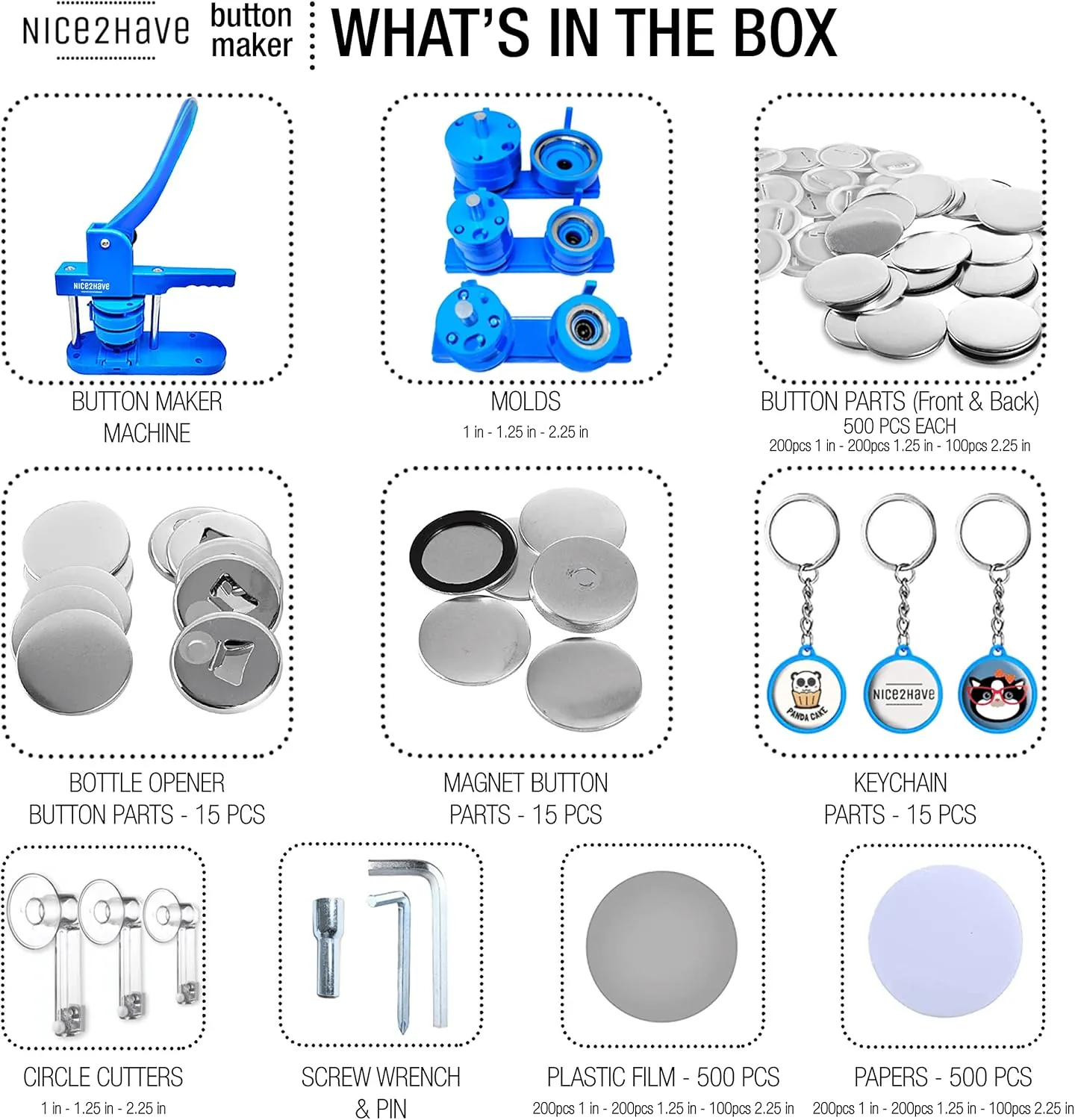 Button Maker Machine Multiple Sizes 1 1.25 2.25in (500 Buttons,15 Bottle Openers,15 Fridge Magnets,15 Keychain Buttons, 500  Designs,3 Cutters) - Pin Maker Machine