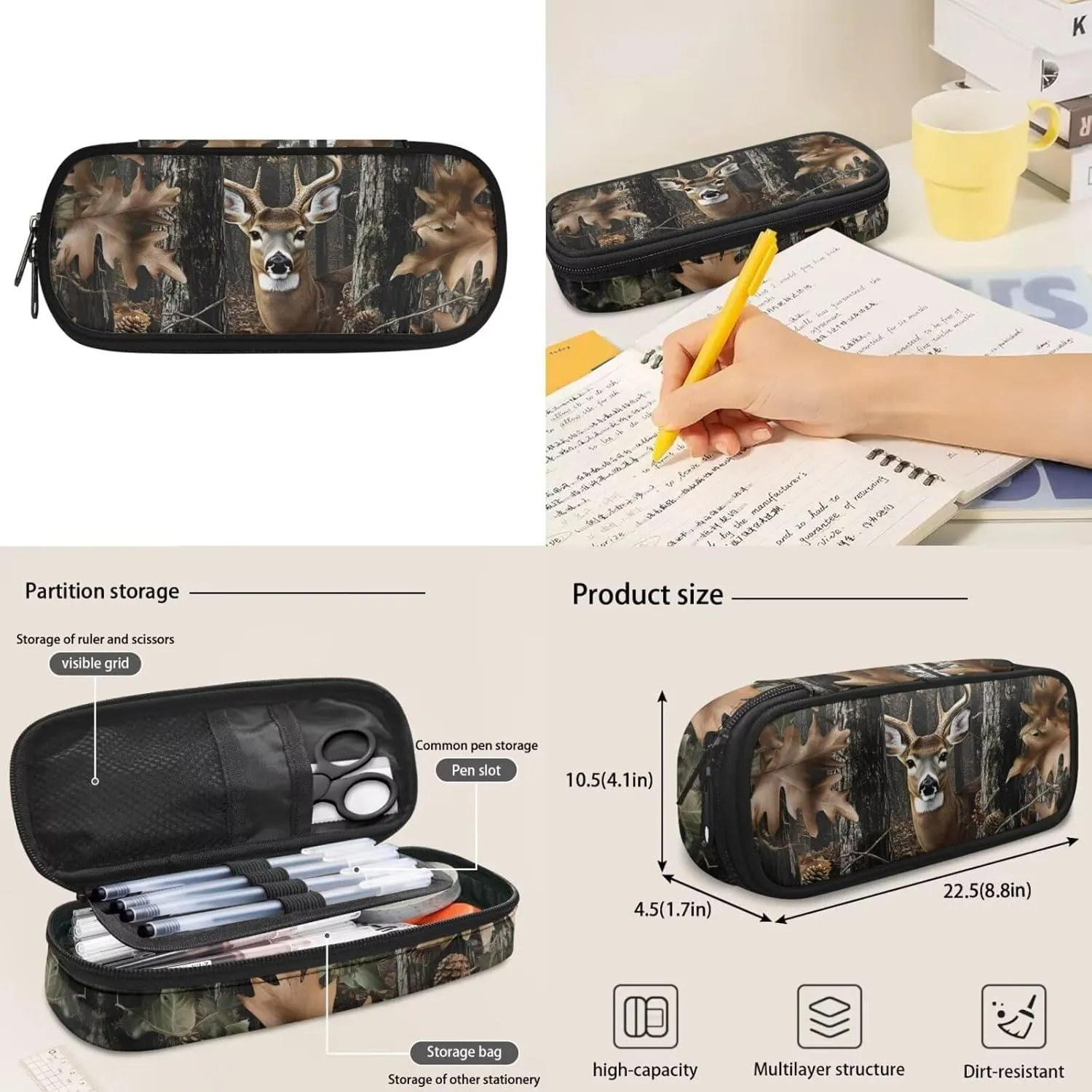 Camo Deer Backpack and Lunch Box Set Boys 3-4/4-6/6-8 Hunting Kids Bookbags for 2nd Grade Back Pack with Lunch Bag 15in Kindergarten Student Back Pack Lunchbox Pencil Case Schoolbag