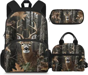Camo Deer Backpack and Lunch Box Set Boys 3-4/4-6/6-8 Hunting Kids Bookbags for 2nd Grade Back Pack with Lunch Bag 15in Kindergarten Student Back Pack Lunchbox Pencil Case Schoolbag