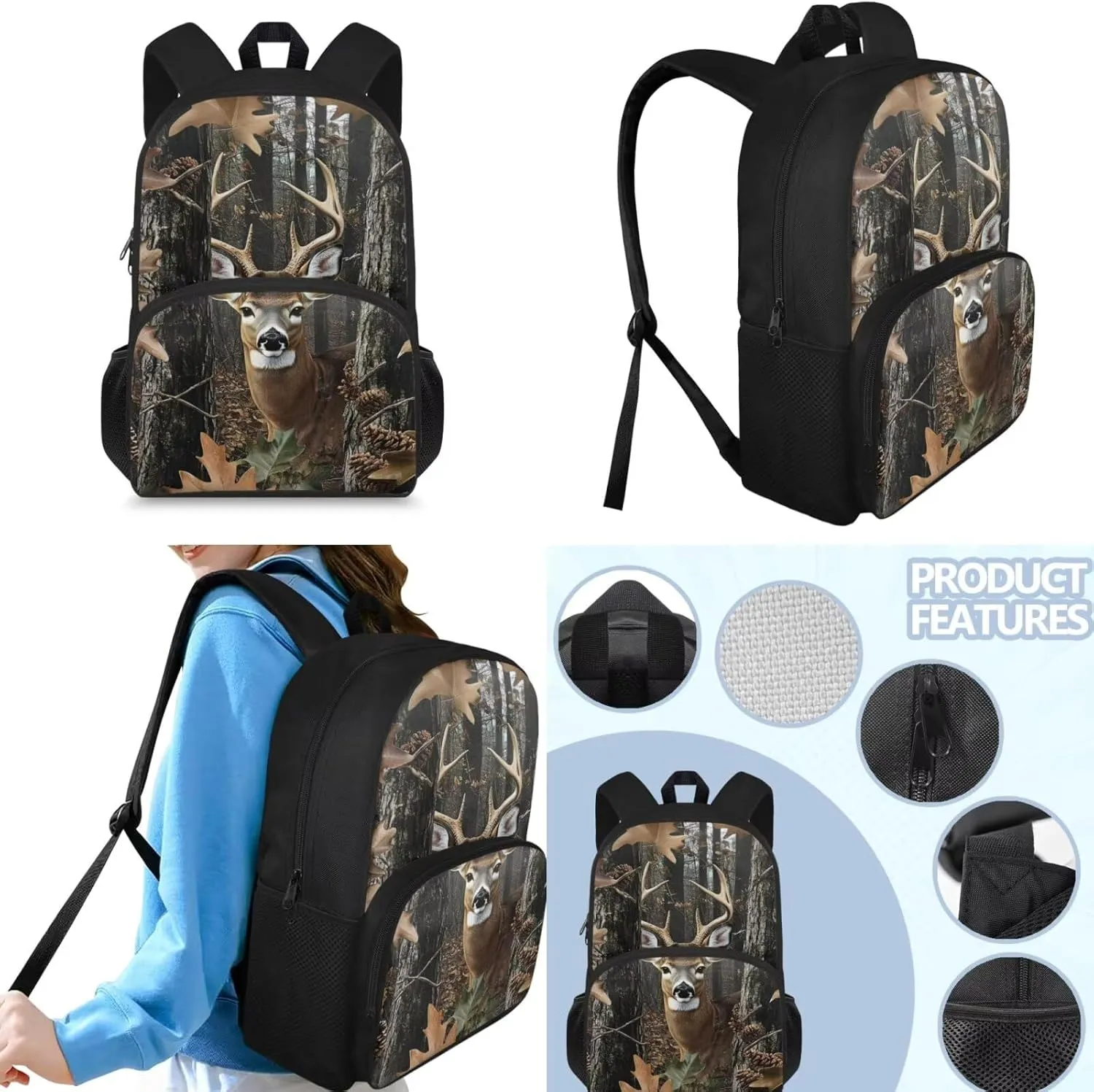 Camo Deer Backpack and Lunch Box Set Boys 3-4/4-6/6-8 Hunting Kids Bookbags for 2nd Grade Back Pack with Lunch Bag 15in Kindergarten Student Back Pack Lunchbox Pencil Case Schoolbag