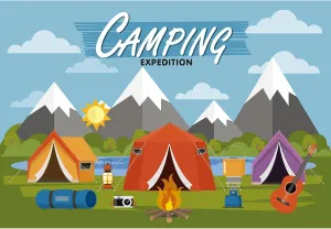 Camping Adventure Backdrop Cartoon Forest Mountain Scenery Camping Expedition Backdrop Outdoor Campfire Camper Tent Backdrop Hiking Climbing Sign Guitar Backpacks Background Decors Props 10x8ft