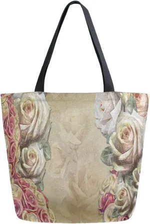 Canvas Tote Bag Bouquet Porcelain Roses Woman Beach Bag Grunge Stone Slab Shoulder Bag