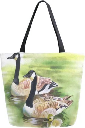 Canvas Tote Bag Cute Geese Flock Woman Beach Bag Vintage Spring Summer Green Shoulder Bag