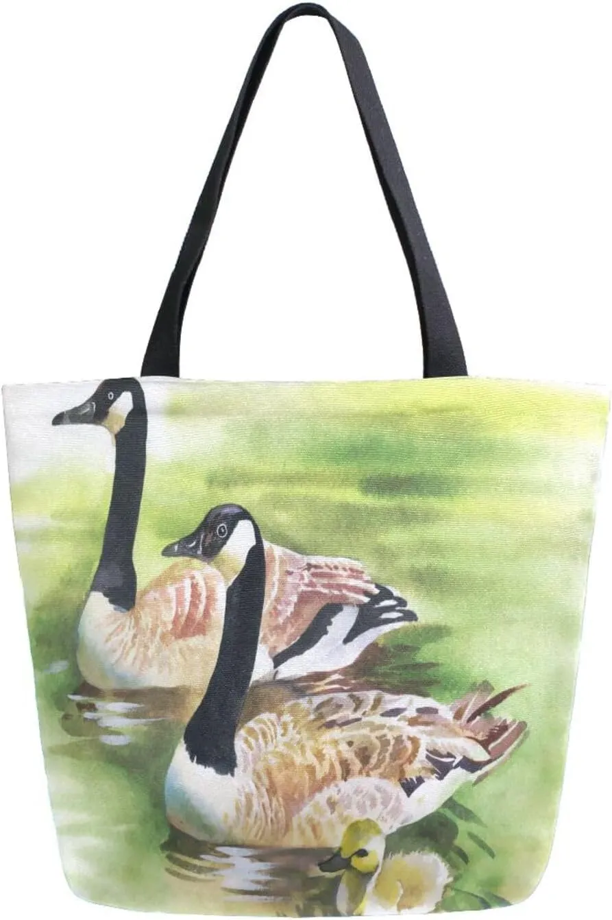 Canvas Tote Bag Cute Geese Flock Woman Beach Bag Vintage Spring Summer Green Shoulder Bag
