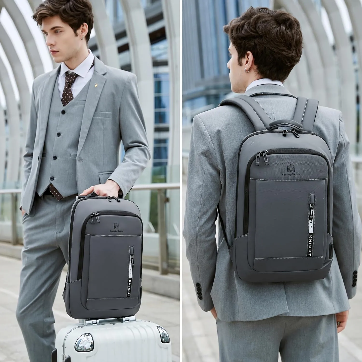 Caoroky knight Backpack Laptop Men 15.6 inch Slim Work Business Backpacks with USB Charging Port Mens Travel Bag Bookbag (Grey, Medium)