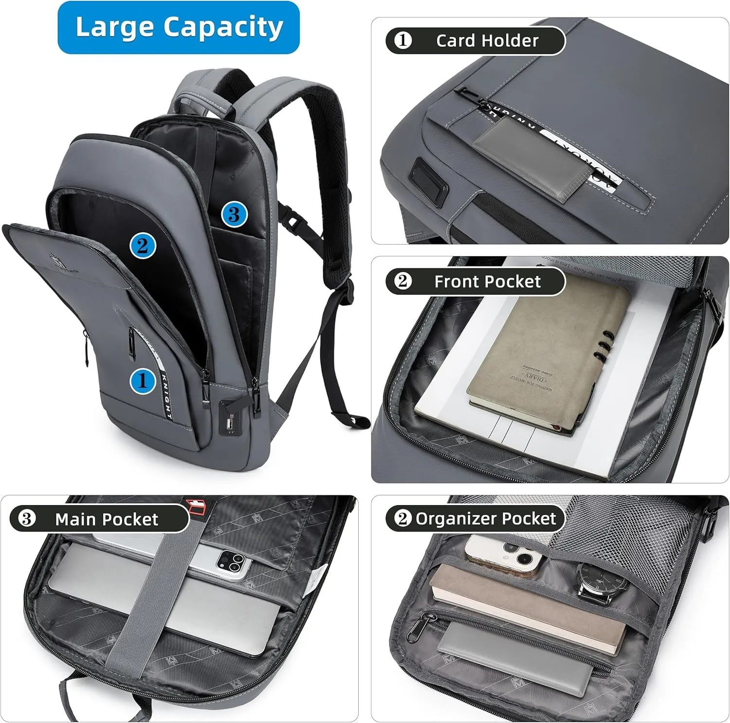 Caoroky knight Backpack Laptop Men 15.6 inch Slim Work Business Backpacks with USB Charging Port Mens Travel Bag Bookbag (Grey, Medium)