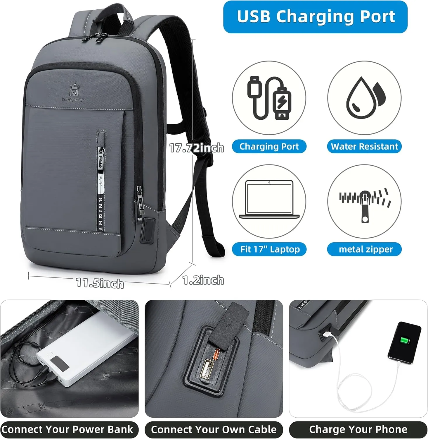 Caoroky knight Backpack Laptop Men 15.6 inch Slim Work Business Backpacks with USB Charging Port Mens Travel Bag Bookbag (Grey, Medium)