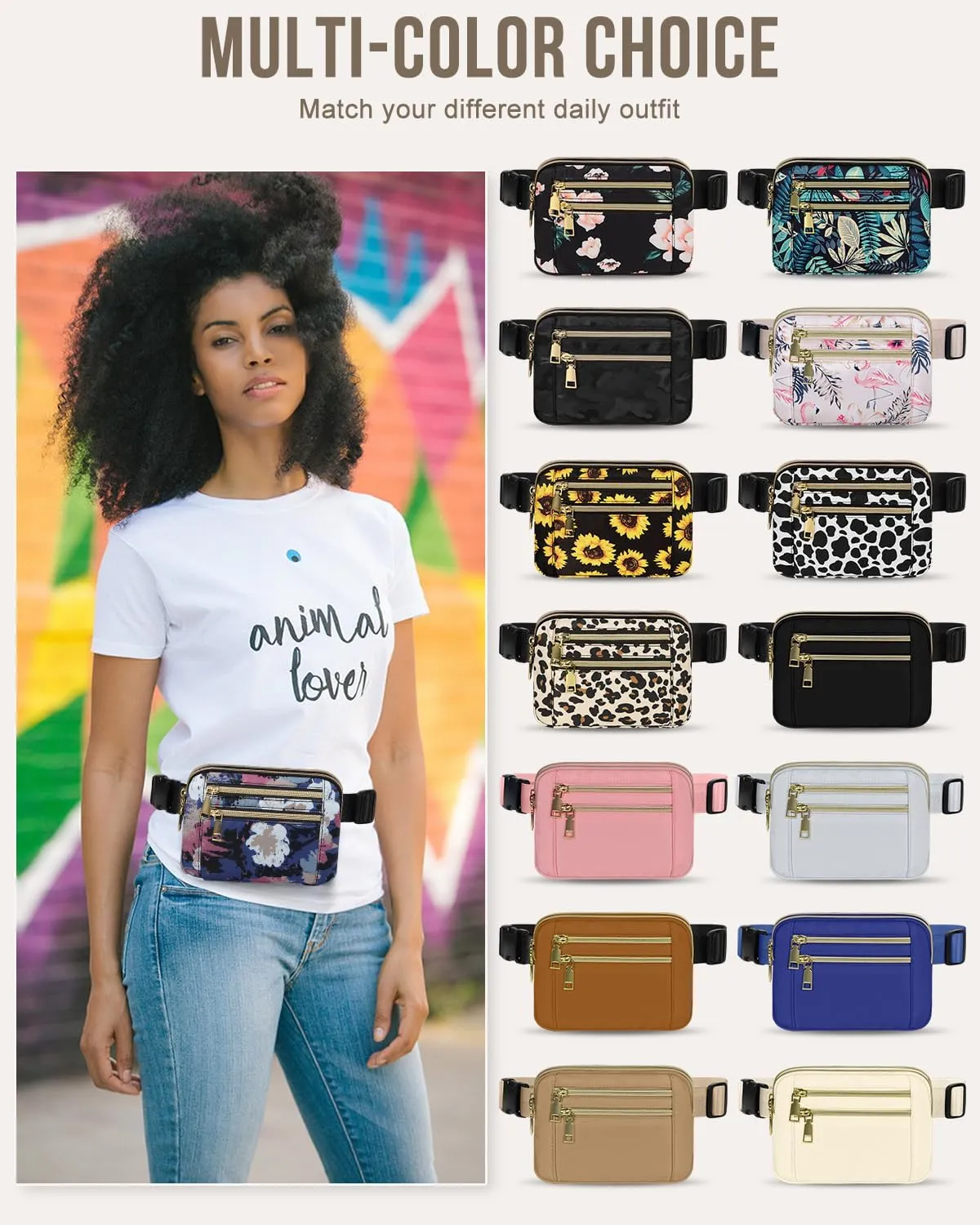 Capolo Fanny Packs for Women Fashion Waist Packs Bag with Adjustable Strap and 4 Zipper Pockets Waterproof Everywhere Crossbody Belt Bag for Workout Running Travelling(Watercolor Print)