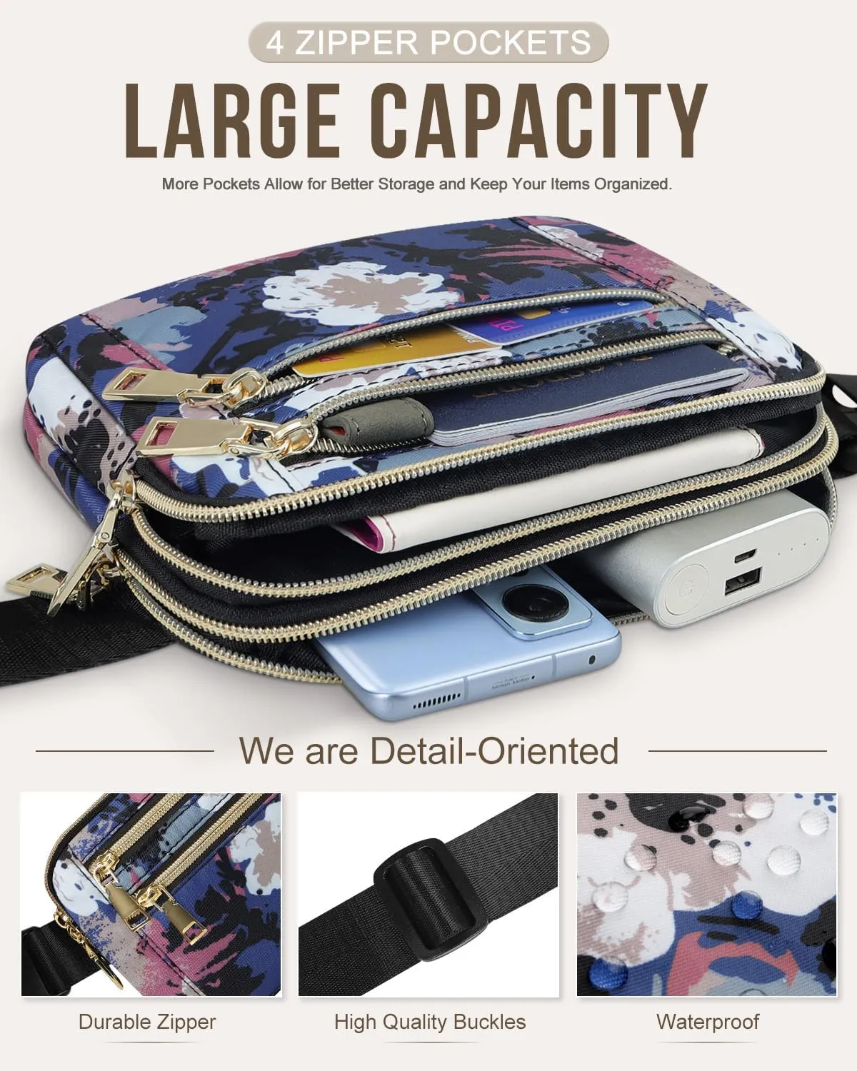 Capolo Fanny Packs for Women Fashion Waist Packs Bag with Adjustable Strap and 4 Zipper Pockets Waterproof Everywhere Crossbody Belt Bag for Workout Running Travelling(Watercolor Print)