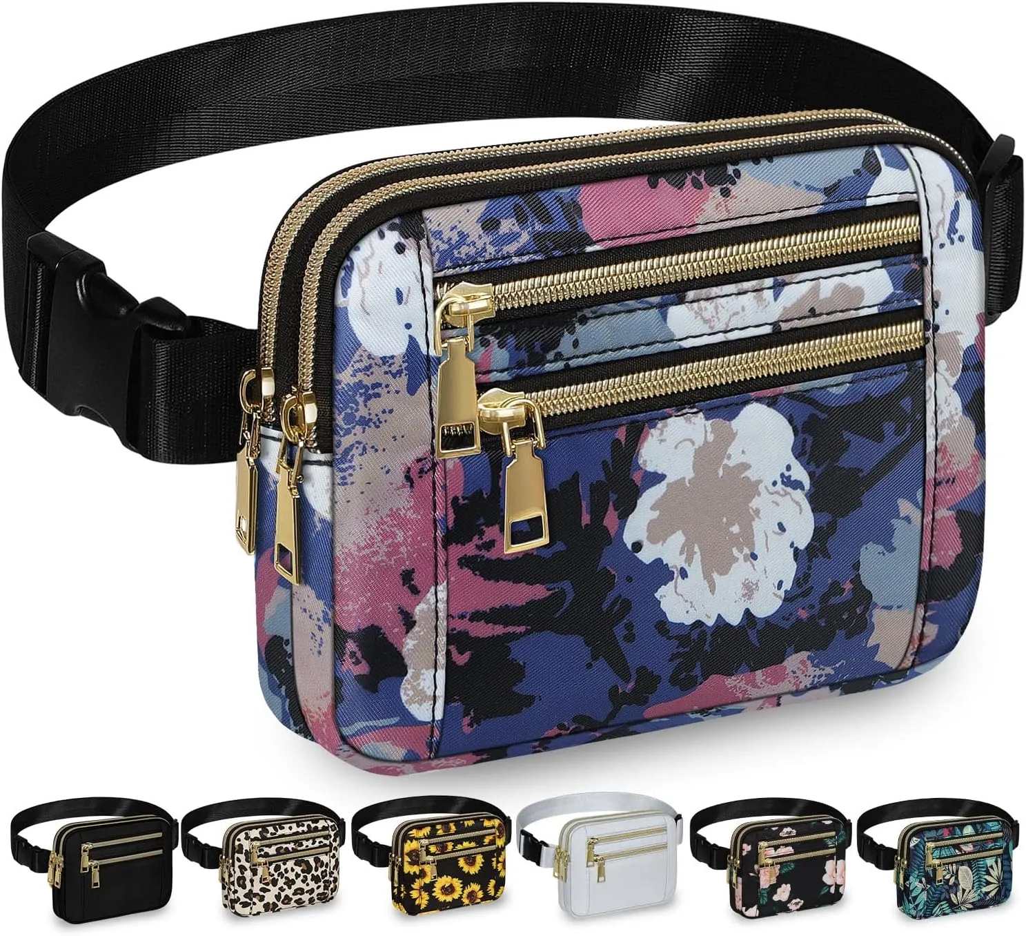 Capolo Fanny Packs for Women Fashion Waist Packs Bag with Adjustable Strap and 4 Zipper Pockets Waterproof Everywhere Crossbody Belt Bag for Workout Running Travelling(Watercolor Print)