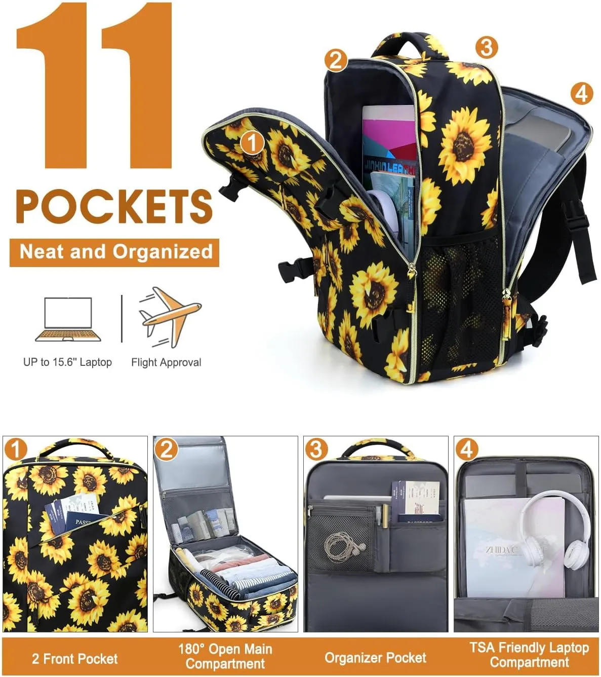 Capolo Travel Backpack for Women Men Waterproof Laptop Backpack Flight Approved Carry On Backpack Overnight Weekender Bag College Bookbag for Business, Work, Traveling Fits 15.6 '' Laptop,Sunflower