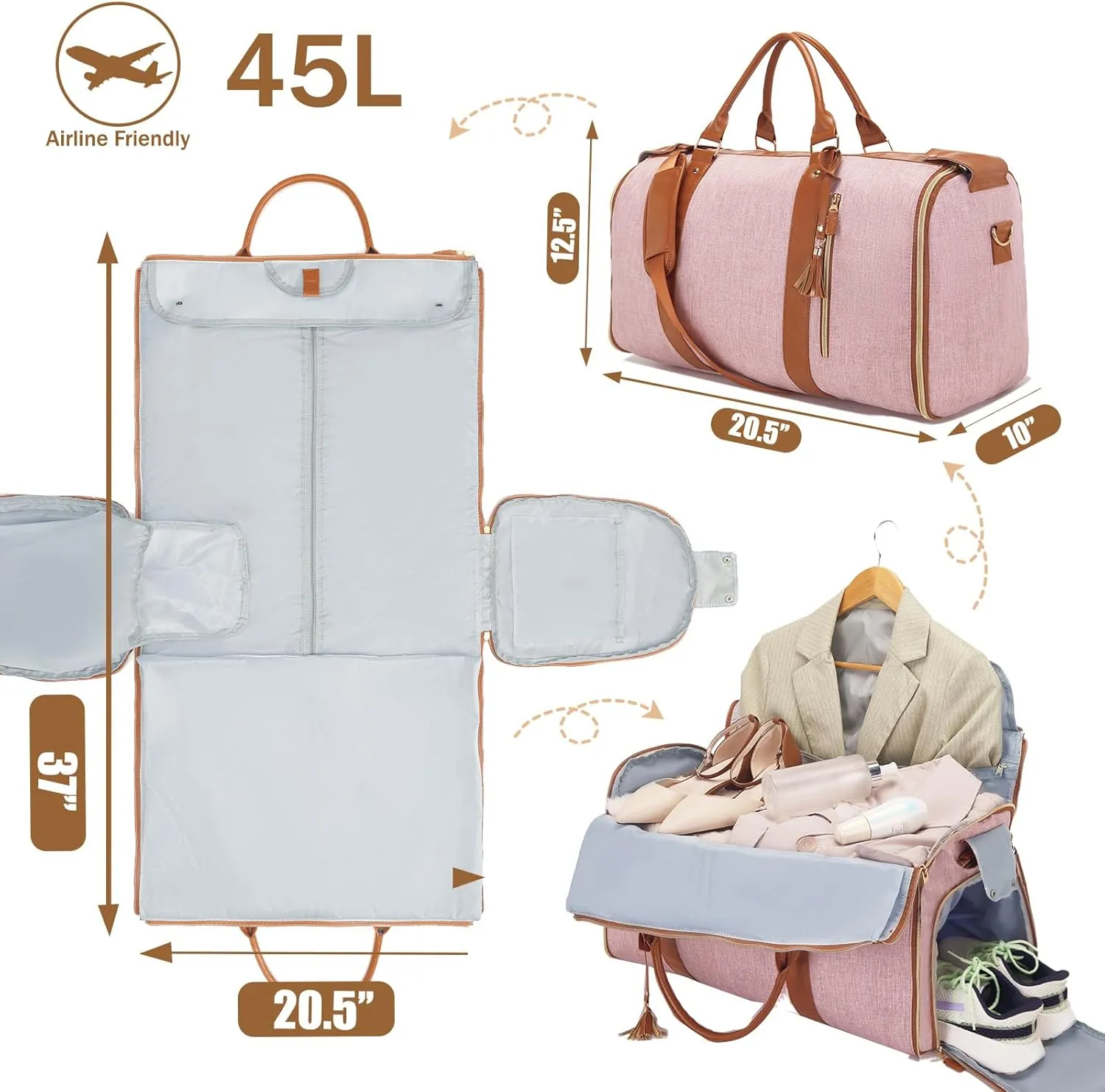 Carry on Garment Bag for Travel Convertible Garment Duffle Bags for Men Women with Shoe Compartment - 2 in 1 Hanging Travel Suitcase Suit