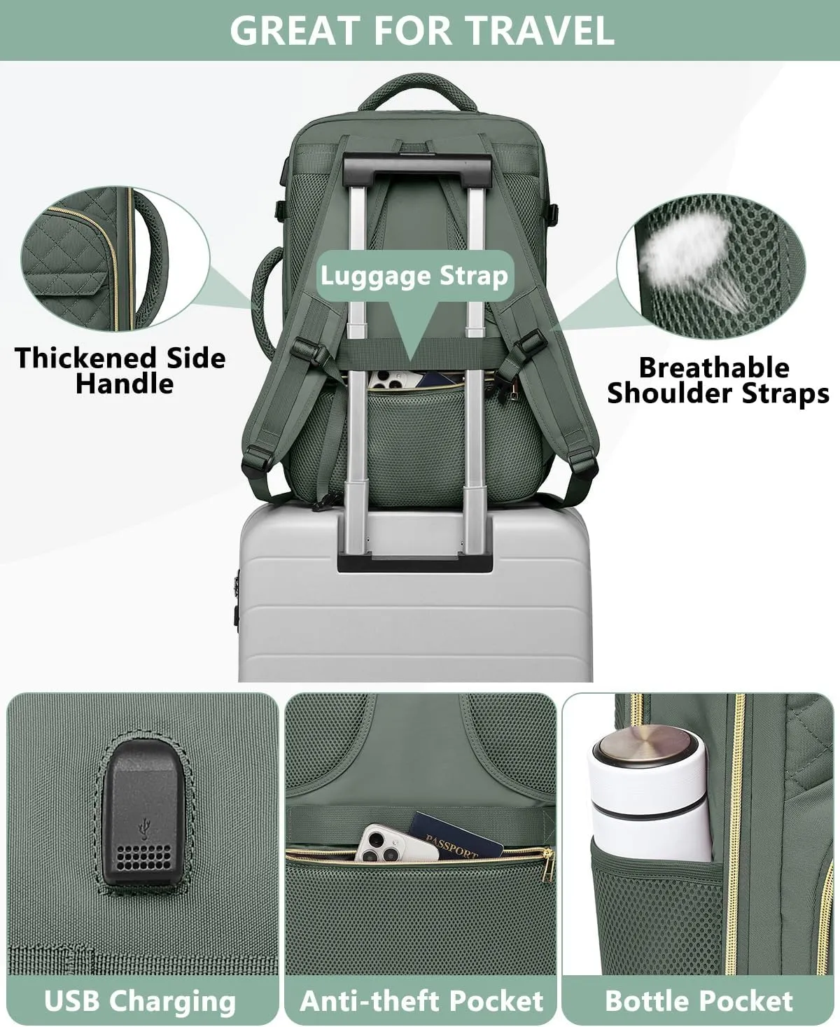 Carry On Women Travel Backpack: TSA Flight Approved Personal Item Backpacks Large 40L Waterproof Luggage Suitcase Backpack Fit 17 Inch Laptop Weekender Overnight Traveling Bag with USB Charge Green