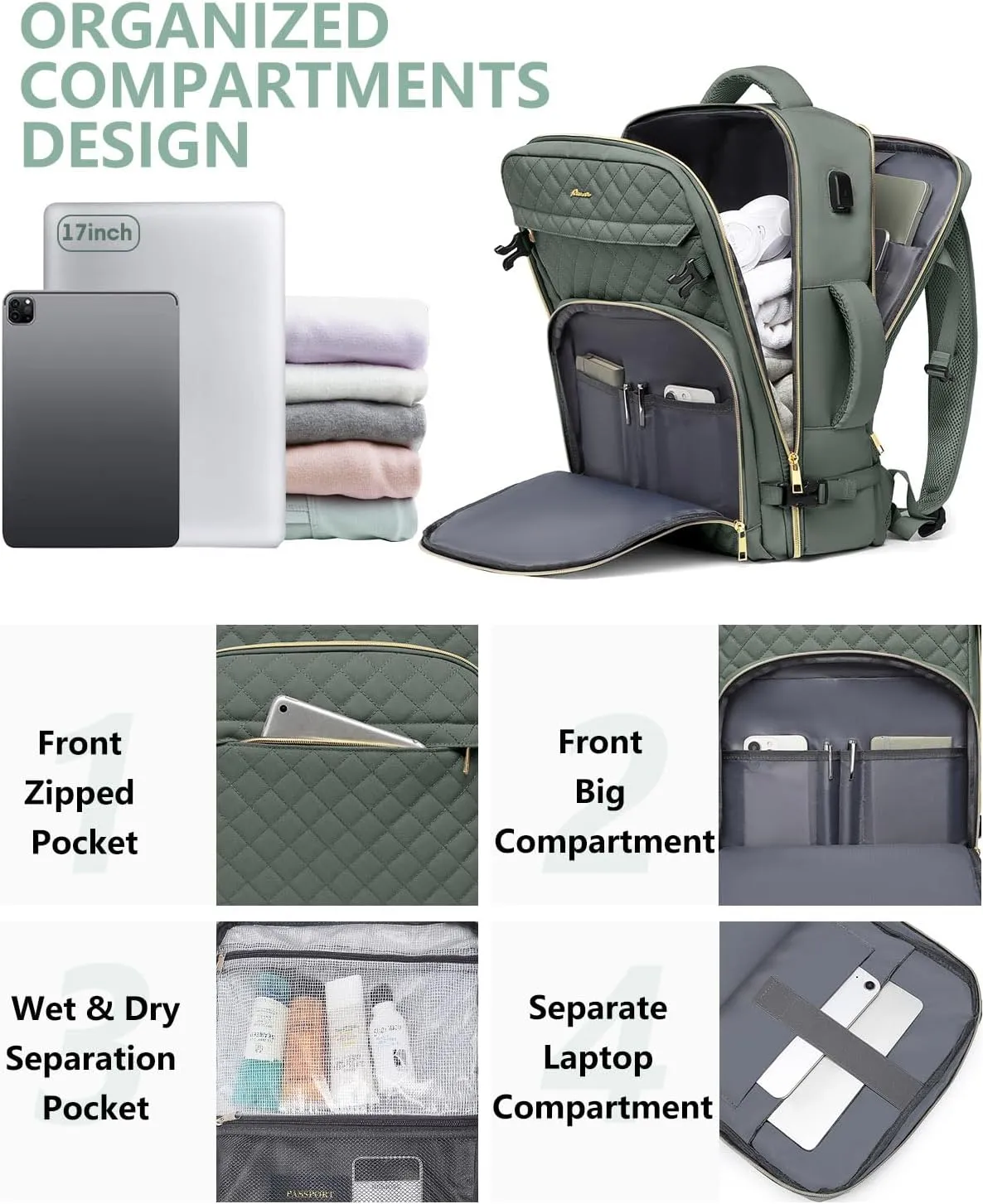 Carry On Women Travel Backpack: TSA Flight Approved Personal Item Backpacks Large 40L Waterproof Luggage Suitcase Backpack Fit 17 Inch Laptop Weekender Overnight Traveling Bag with USB Charge Green