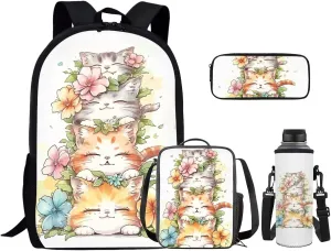 Cartoon Cat Backpack and Lunch Box Set Boys Girls Teens Youth with Water Bottle Bag 4pcs School Bags for Kids 8-12 Lightweight Can Hold Your Small Accessories and Stuffs